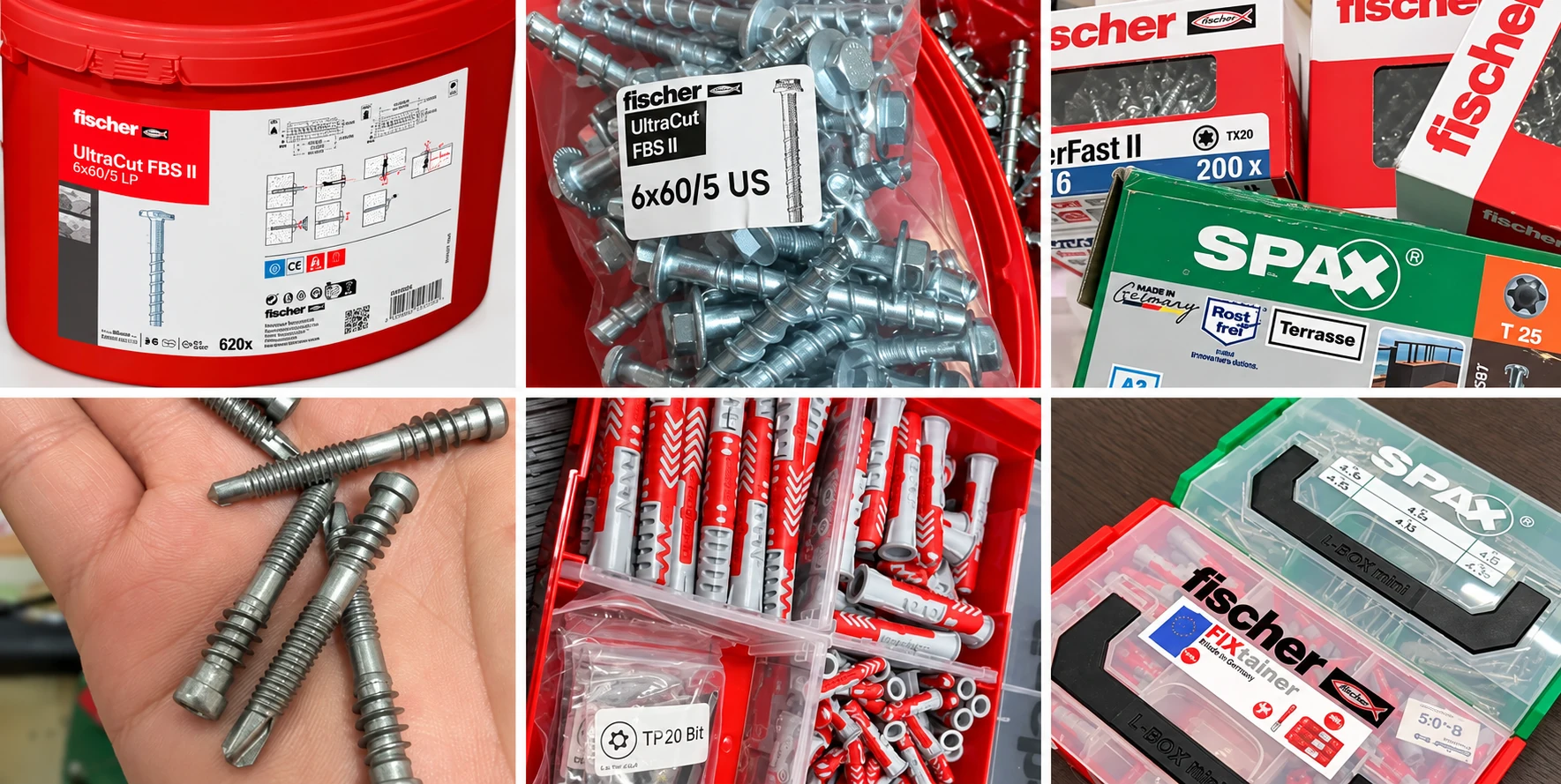 Fischer 固定系統、SPAX 螺絲、不鏽鋼螺絲與施工固定材料組圖