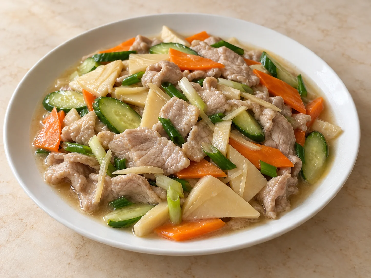 燴三色肉片・AI 生成料理示意