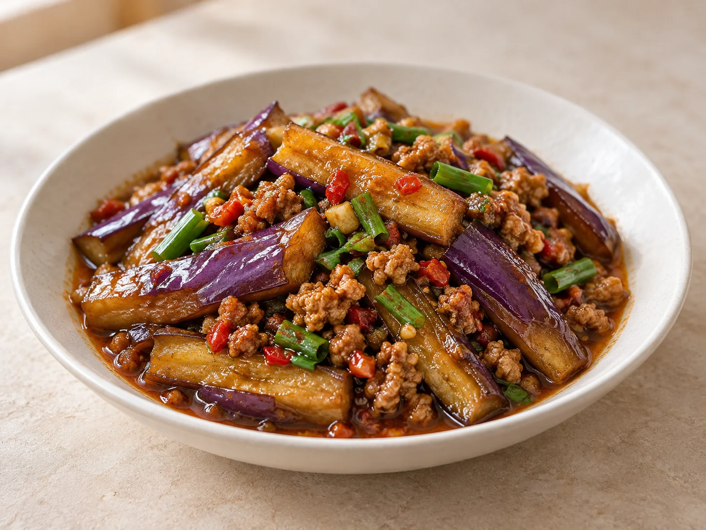 燜燒辣味茄條・AI 生成料理示意