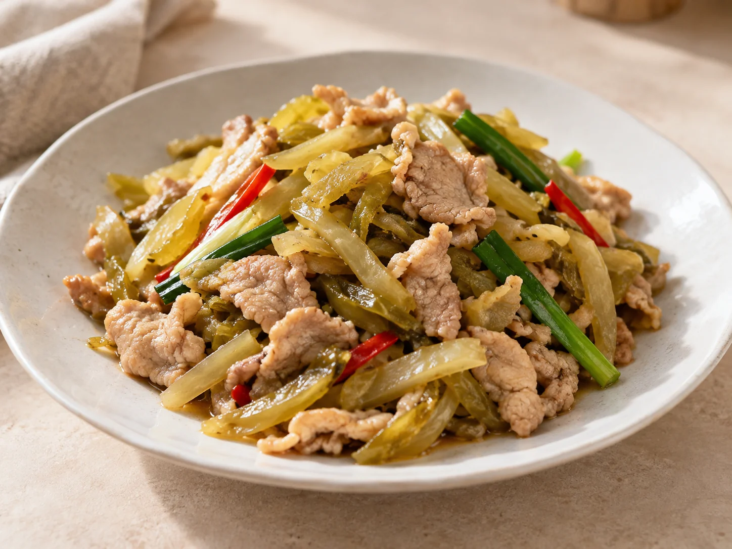 榨菜炒肉片・AI 生成料理示意
