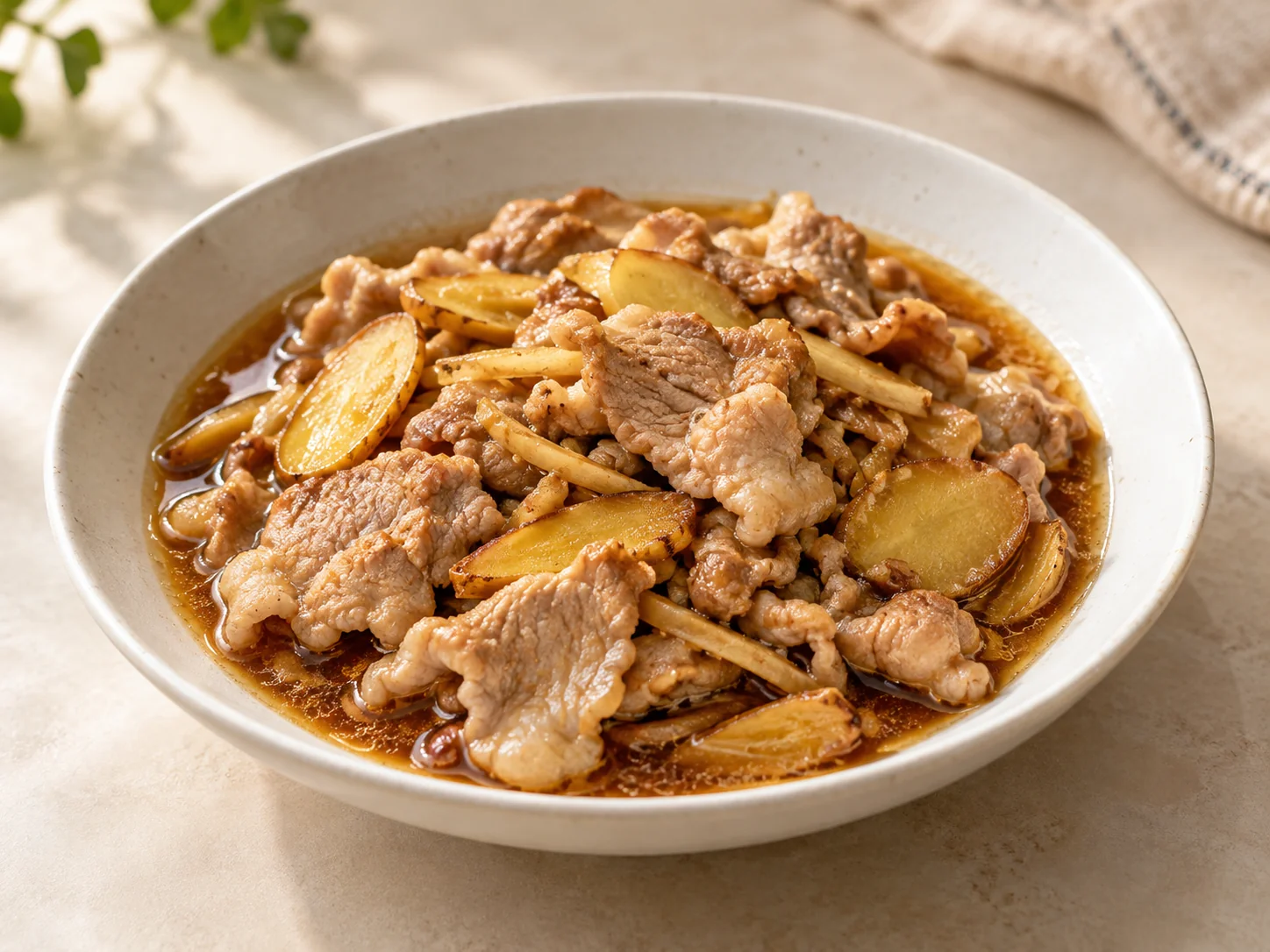 薑味麻油肉片・AI 生成料理示意