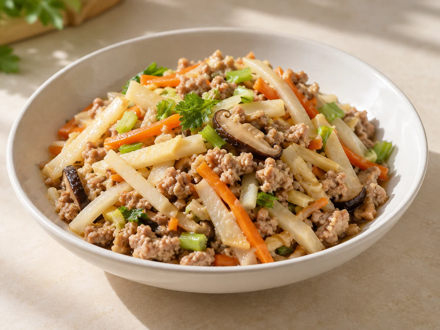 豆薯炒豬肉鬆・AI 生成料理示意