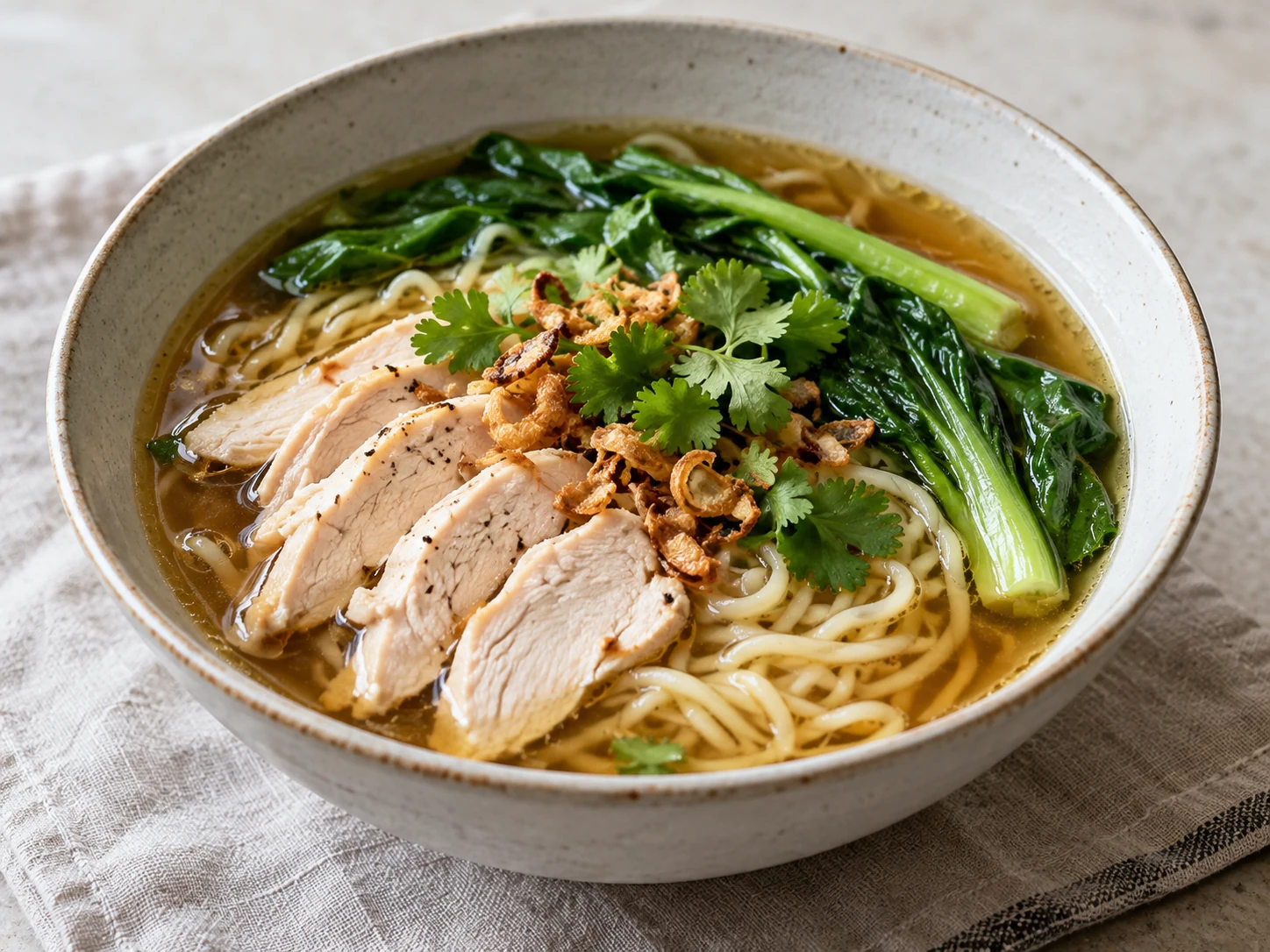 薑蔥香料蒸雞湯麵盛盤示意
