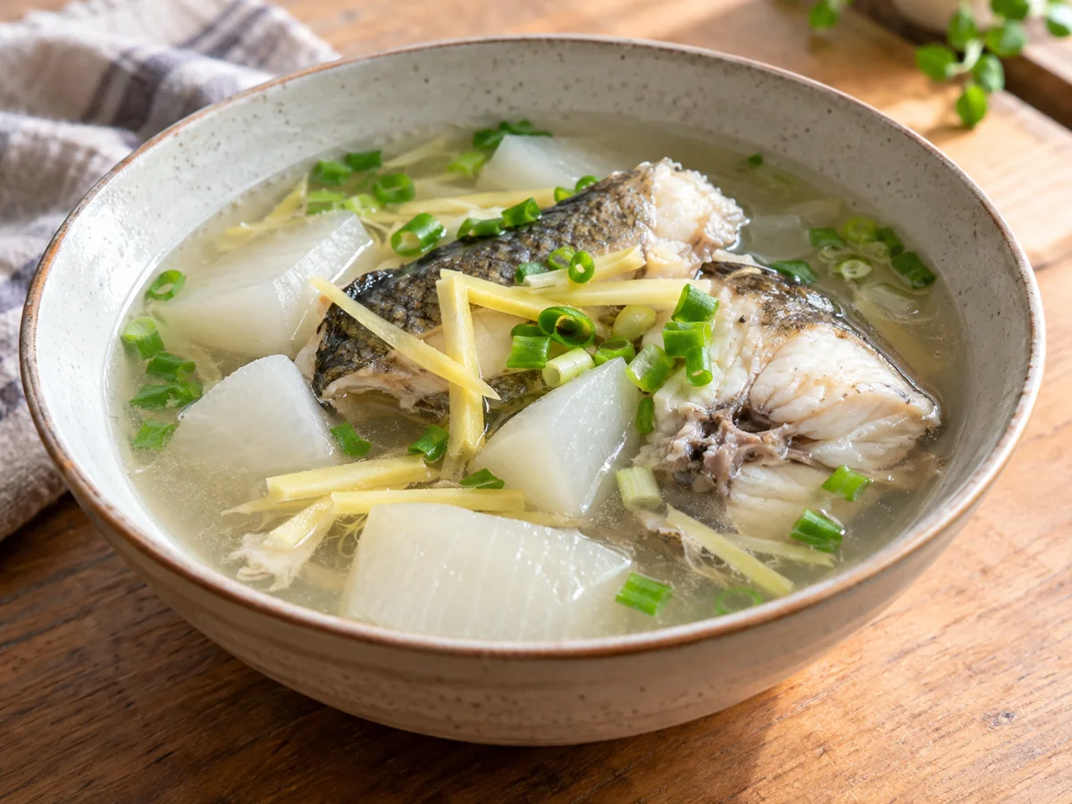 白蘿蔔蒸鱸魚湯盛盤示意